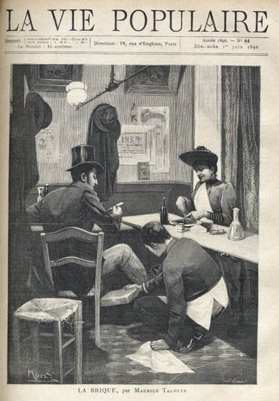 En un restaurante, un hombre y una mujer están separados y cenan. El camarero está agachado cerca del hombre, instalando un ladrillo caliente bajo sus pies. Ilustración de Alfons Maria Mucha (Alphonse Marie Mucha) de Alphonse Mucha