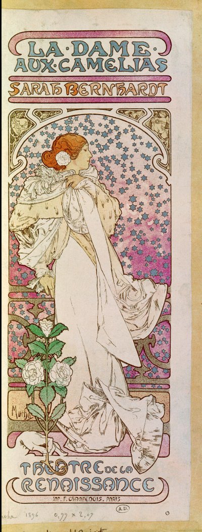 La Dame aux Camelias con la actriz Sarah Bernhardt, Teatro del Renacimiento, París 1894 (cartel) de Alphonse Marie Mucha