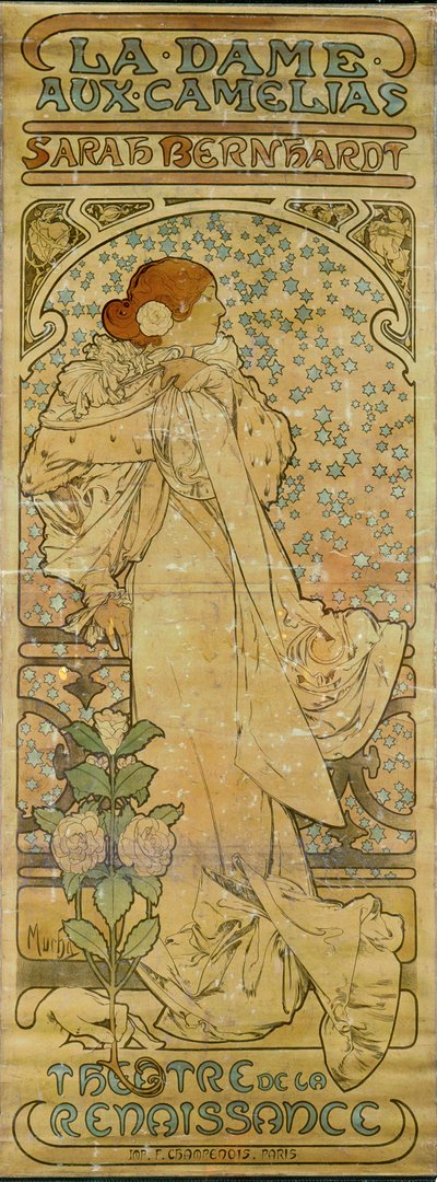 La Dame aux Camelias con la actriz Sarah Bernhardt, Teatro del Renacimiento, París 1894 (cartel) de Alphonse Marie Mucha
