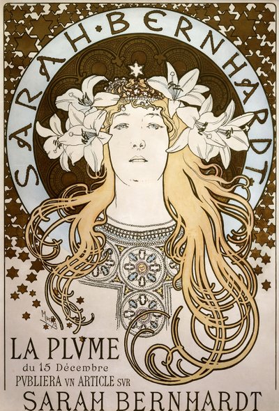 La Plume, con Sarah Bernhardt, 1896 de Alphonse Mucha