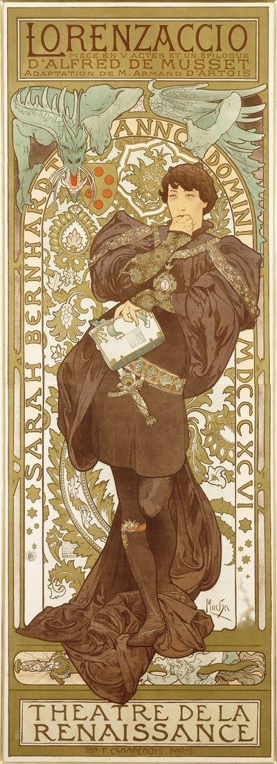 Lorenzaccio, representando la figura de pie de Sarah Bernhardt en el papel, 1896 de Alphonse Mucha