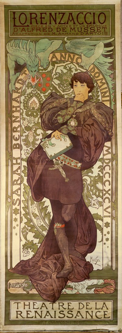 Lorenzaccio con la actriz Sarah Bernhardt, obra de Alfred de Musset (cartel) de Alphonse Marie Mucha