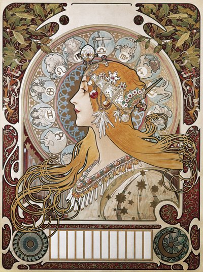 MUCHA, Alphonse Maria (1860-1939). Zodíaco. 1896. (67 x 48 cm). Cartel y calendario publicitarios de la revista "La Plume" (La Pluma). Modernismo. Litografía de Alphonse Marie Mucha