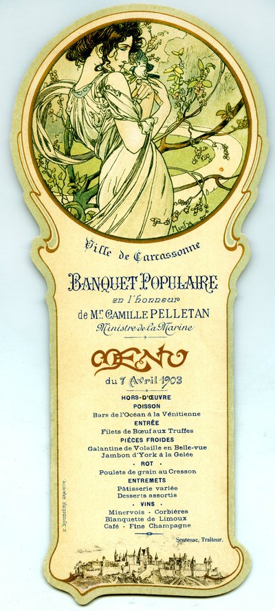 Menú de un banquete popular organizado en Carcasona el 7 de abril de Alphonse Mucha
