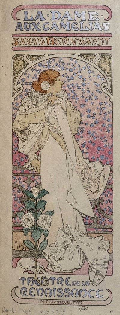 Cartel para "La dama de las camelias" en el Teatro Renaissance con Henriette Rosine Bernard, conocida como Sarah Bernhardt (1844-1923) - por Mucha de Alphonse Mucha