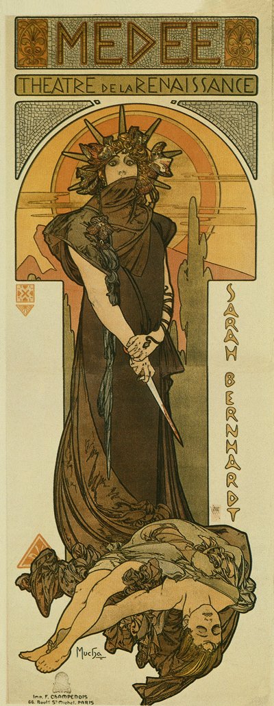 Sarah Bernhardt como Medea en el Teatro Renacimiento. 1898 (litografía) de Alphonse Mucha
