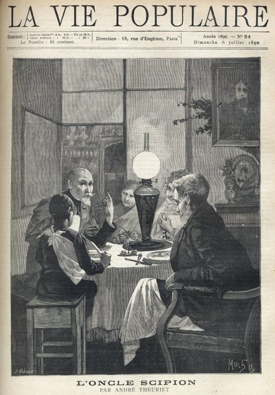 Escena de vida familiar: alrededor de la mesa de la cena, una familia se reúne, iluminada por una lámpara de aceite y escucha atentamente a un tío visitante, con ojos brillantes y mano marcando los puntos destacados de su historia. Ilustración de Alfons Ma de Alphonse Mucha
