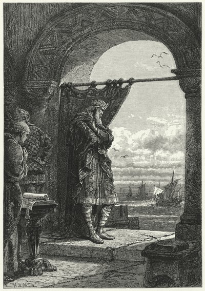 Carlomagno observando ansiosamente la llegada de barcos con invasores normandos de Alphonse Marie de (after) Neuville