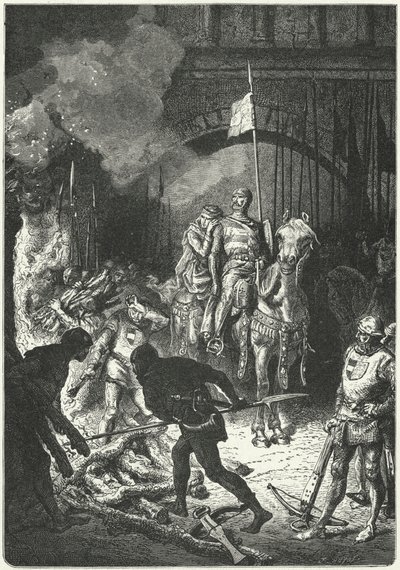 El Cid, acompañado por su esposa Doña Jimena, supervisa la construcción de la pira funeraria de Ahmed, Rey Moro de Valencia de Alphonse Marie de (after) Neuville