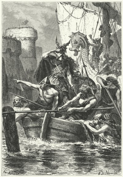 La flota normanda atacando París, 885 de Alphonse Marie de (after) Neuville