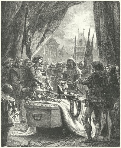 El comandante de Châteauneuf de Randon colocando las llaves de la ciudad en el ataúd de Bertrand du Guesclin de Alphonse Marie de (after) Neuville