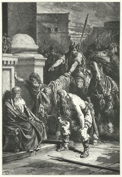 La muerte del cónsul romano Marco Papirio en el saqueo galo de Roma, 387 a.C. de Alphonse Marie de (after) Neuville
