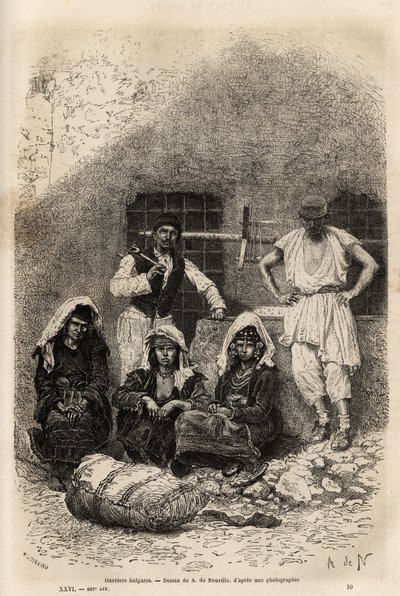 Trabajadores búlgaros, cerca de Sofía, grabado después del dibujo de A. De Neuville, ilustrando el viaje a Bulgaria, por Guillaume Lejean, en 1867, publicado en “Le tour du monde” 1873, editado por Edouard Charton, edición Hachette, París. Colección Selva de Alphonse Marie de Neuville