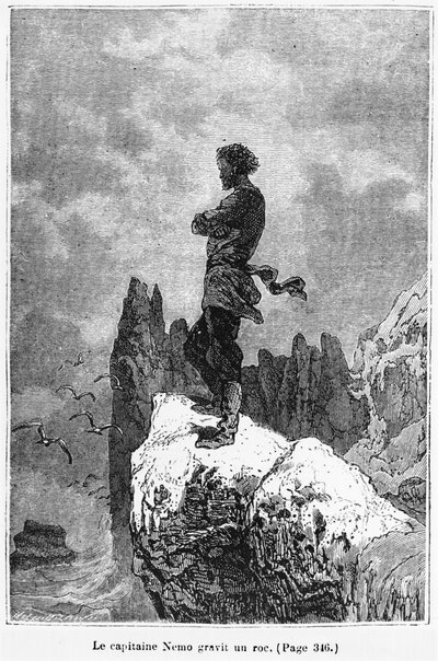 Capitán Nemo escalando una roca, ilustración de 