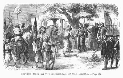 Dupleix reuniéndose con el Soudhabar del Decán, ilustración de 