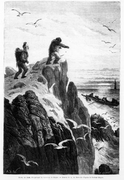 Hans en 1860, descubriendo el barco de Hayes - dibujo de Neuville por Dr. Hayes en “El mar libre del polo, viaje de descubrimiento en los mares árticos” de Alphonse Marie de Neuville
