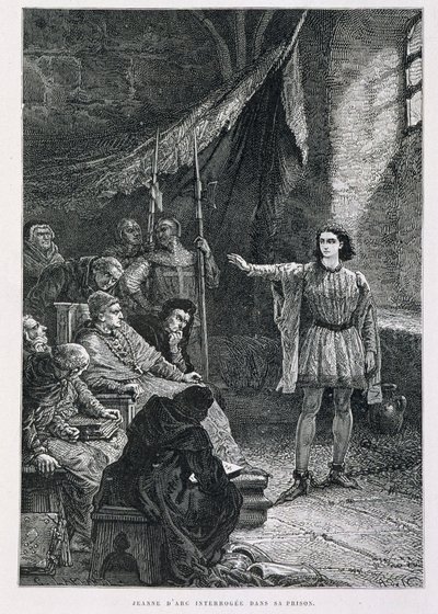 Juana de Arco interrogada en su prisión - en "Historia de Francia" de Guizot, grabado por De Neuville de Alphonse Marie de Neuville