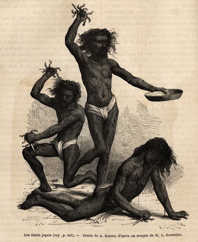 Fakires joguis, en la Feria de Bhopal, son mendigos religiosos que casi desnudos y con el cabello despeinado, deambulan gritando y realizando una especie de danza macabra, manejando largas dagas de acero adornadas con cadenillas de acero, que hunden alucin de Alphonse Marie de Neuville