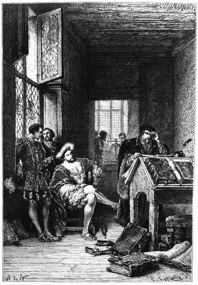 El rey Francisco I de Francia en el taller de Robert Estienne, grabado por C. Laplante, ilustración de 