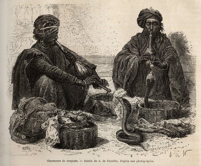 Los encantadores de serpientes, que comercian con reptiles, que atraen soplando en su toumril (flauta), grabado después del dibujo de A. de Neuville, ilustrando el viaje a la India de los Rajahs, en 1864-1868, por Louis Rousselet, publicado en “Le tour du de Alphonse Marie de Neuville