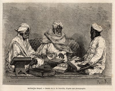 Los mulás de la mezquita de Bhopal, en plena discusión de los puntos contenciosos de la religión musulmana, grabado después del dibujo de A. de Neuville, ilustrando el viaje en la India de los Rajás, en 1864-1868, por Louis Rousselet, publicado en 