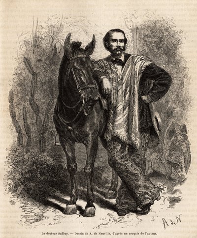 Retrato del Dr. Saffray, armado en su montura, en traje de viaje. Grabado después del dibujo de A. de Neuville, ilustrando el viaje a Nueva Granada, por Dr. Saffray, en 1869, publicado en 