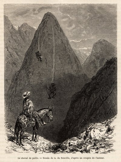 Los indios del estado de Boyacá, descendiendo una montaña cubierta de hierba en caballos de paja, consistentes en un manojo de hierba larga sobre el cual uno se sienta a horcajadas para descender las pendientes a toda velocidad, solo por la fuerza de la gr de Alphonse Marie de Neuville