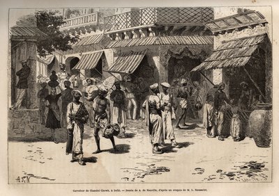 La encrucijada de Chandni Chowk, la calle de los gusanos de oro, la principal arteria de actividades comerciales y artesanales, que cruza Delhi desde la gran puerta del palacio hasta la puerta de Lahore, grabado según el dibujo de A. de Neuville, ilustrand de Alphonse Marie de Neuville