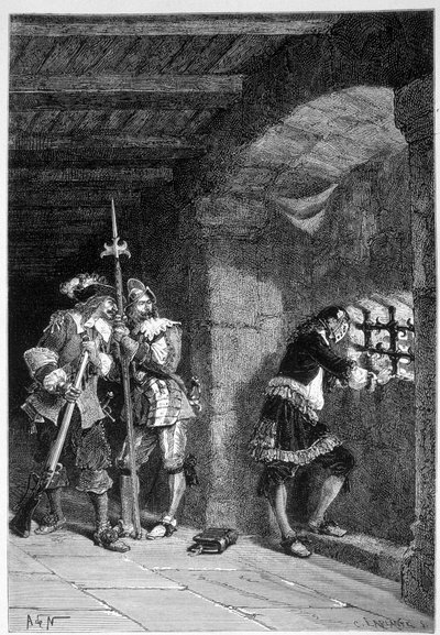 La máscara de hierro en su celda de la prisión de la isla Santa Margarita - en “Histoire de France” de Guizot, grabado por De Neuville de Alphonse Marie de Neuville
