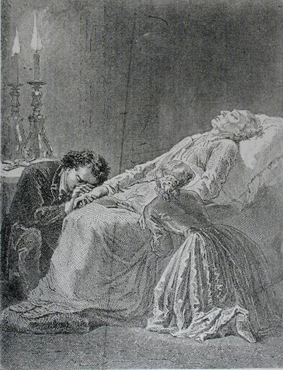La muerte de Jean Valjean, ilustración de Los Miserables de Victor Hugo (1802-85) de Alphonse Marie de after Neuville