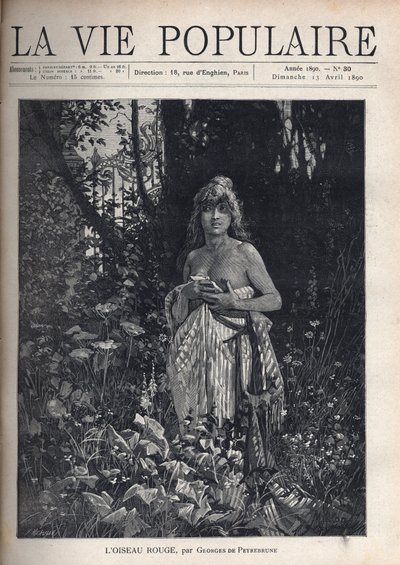 Una joven desnuda, de pie y despeinada, cubriendo su cuerpo con una manta, rodeada de vegetación y árboles que ocultan una reja de hierro forjado. Ilustración de Alfons Maria Mucha (Alphonse Marie Mucha) de Alphonse Mucha