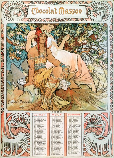 Página de calendario del año 1898 decorada con una ilustración publicitaria de Alphonse Mucha para los chocolates Masson - “La Edad Media” de Alphonse Mucha