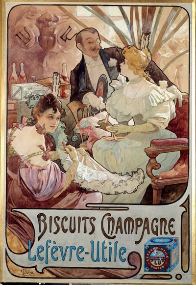 Art Nouveau: cartel publicitario para galletas Champagne producidas por Lefevre Utile, por Alphonse Mucha (1860-1939) 1897 de Alphonse Mucha