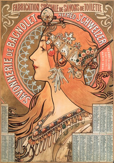 Página de calendario del año 1898 decorada con una ilustración publicitaria de Alphonse Mucha para la empresa de jabones Savonnerie de Bagnolet Alfred Schweizer de Alphonse Mucha