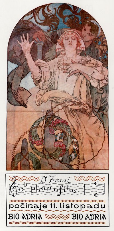 DeForest Phonofilm. Presentación de una de las primeras películas sonoras musicales en el Adria en Praga, 1927 de Alphonse Mucha