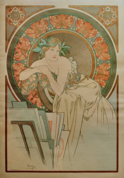 Mujer con amapolas y carpeta de gráficos de Alphonse Mucha