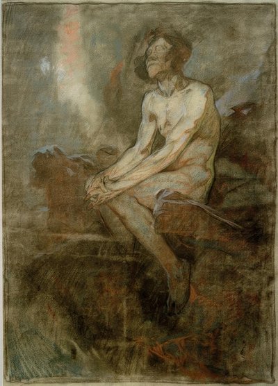 Desnudo masculino sentado en una roca de Alphonse Mucha