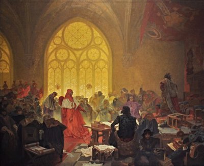 El rey husita Jorge de Poděbrady El ciclo La epopeya eslava de Alphonse Mucha