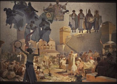 La introducción de la liturgia eslava El ciclo La epopeya eslava de Alphonse Mucha