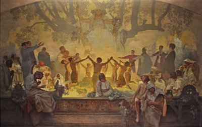 El juramento de Omladina bajo el tilo eslavo El ciclo La epopeya eslava de Alphonse Mucha