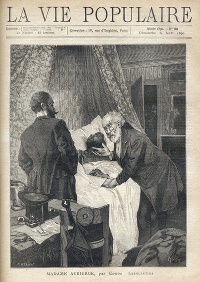 Dos hombres se inclinan sobre una cama para ver la muerte de un hombre. En la puerta, otros hombres observan la escena. Ilustración de Alfons Maria Mucha (Alphonse Marie Mucha) de Alphonse Mucha