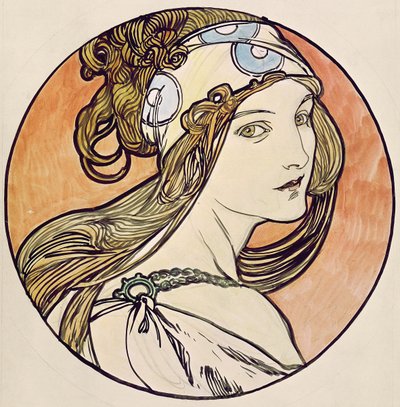 Mujer con pañuelo en la cabeza de Alphonse Mucha
