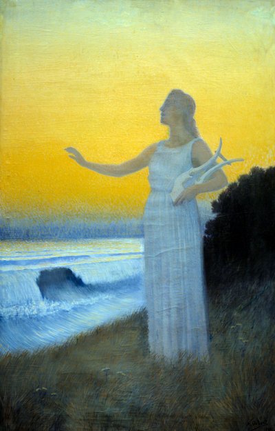Himno al mar Joven mujer sosteniendo una lira frente al mar. Personaje evocando a la poetisa griega de la Antigüedad Safo de Alphonse Osbert