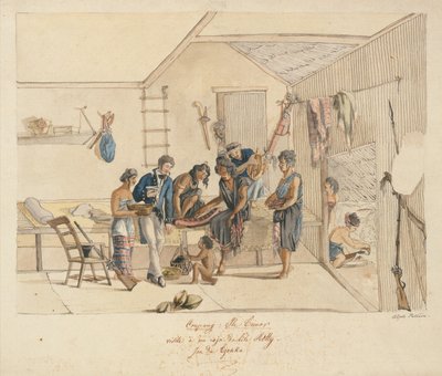 Visitando a un Raja de las Islas de Timor (pluma, tinta y acuarela sobre papel) de Alphonse Pellion