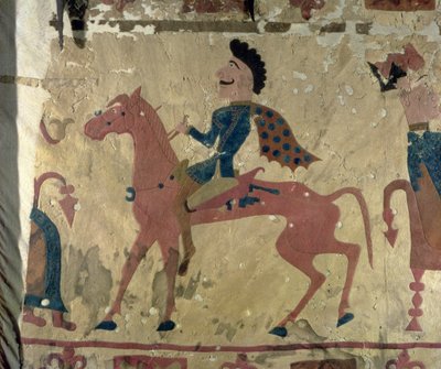 Alfombra que representa a un guerrero montado, de los Túmulos Funerarios de Pazyryk, siglo V-IV a.C. (textil) de Altaic School