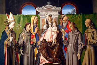 Madonna y el Niño entronizados con los santos Luis de Tolosa, Antonio de Padua, Ana, Joaquín, Francisco y Bernardino de Siena de Alvise Vivarini