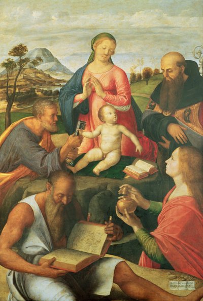 Madonna y Niño con SS. Pedro, Jerónimo y María Magdalena con un obispo de Alvise Vivarini