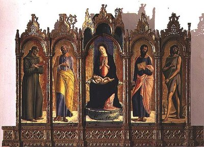 Políptico que representa (panel central) Madonna y Niño en el Trono; San Domingo y San Pedro (paneles de la izquierda); San Pablo y San Juan Bautista (paneles de la derecha) de Alvise Vivarini