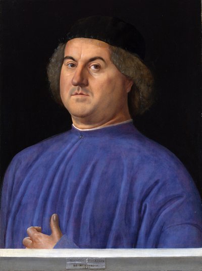 ""Retrato de un hombre"" Burgués vestido con una túnica azul - Pintura de Alvise Vivarini (circa 1446-circa 1505) 1497 Galería Nacional de Londres de Alvise Vivarini