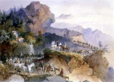 Una fiesta diplomática siendo escoltada a través de una cordillera de Amadeo Preziosi